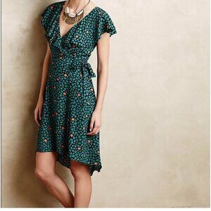 ANTHROPOLOGIE HD in Paris Dress Sz 6 Womans Turquoise Black Print Flutter Sleeve